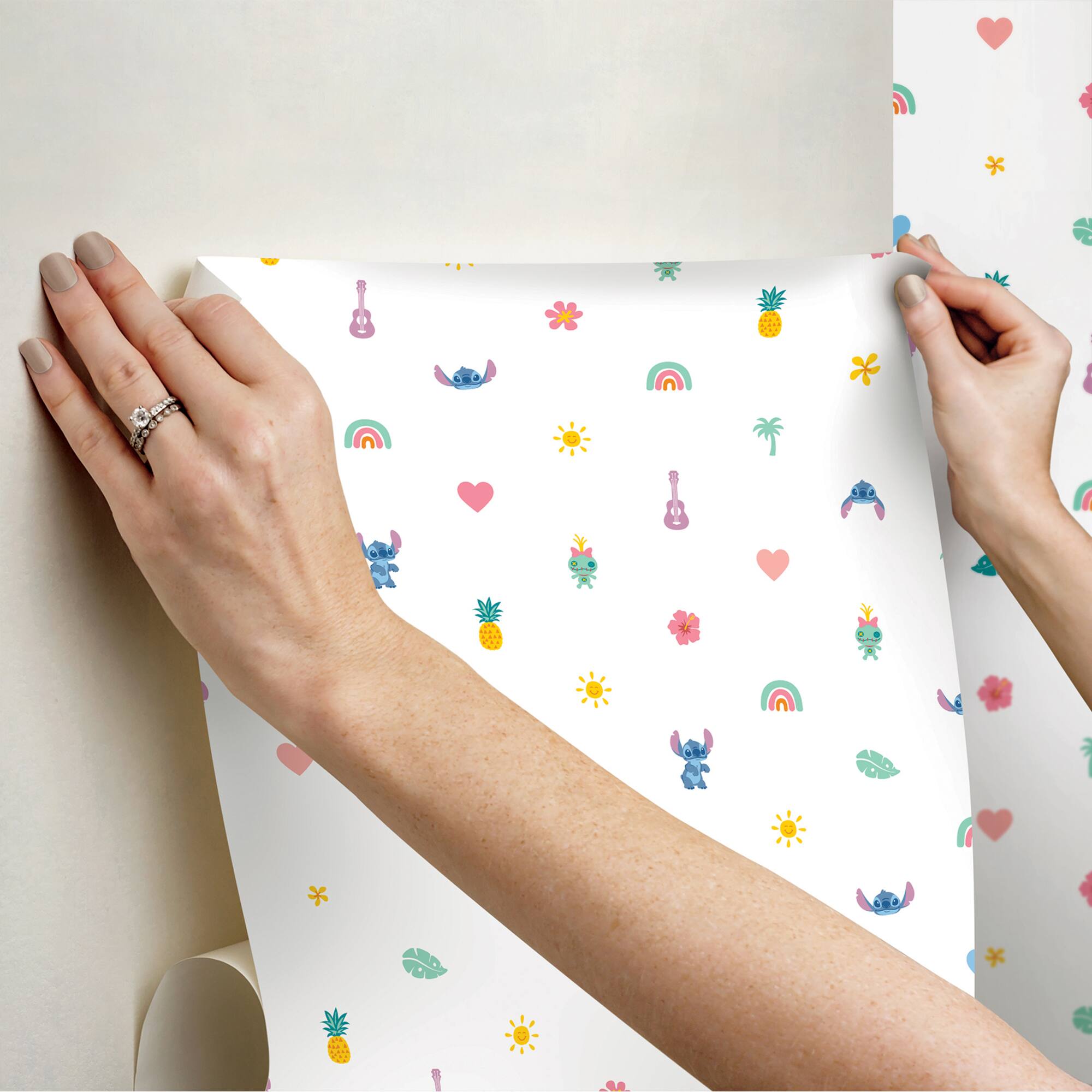 RoomMates Disney Stitch Aloha Mini Print Blue and Pink, Peel and Stick Wallpaper 20.5" x 18-ft roll, about 30.8 sq. ft.